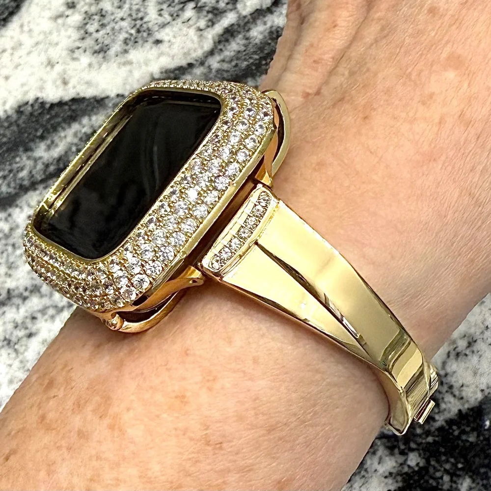 2 pc Apple Watch set yellow gold lab diamond case and crystal band classy bling